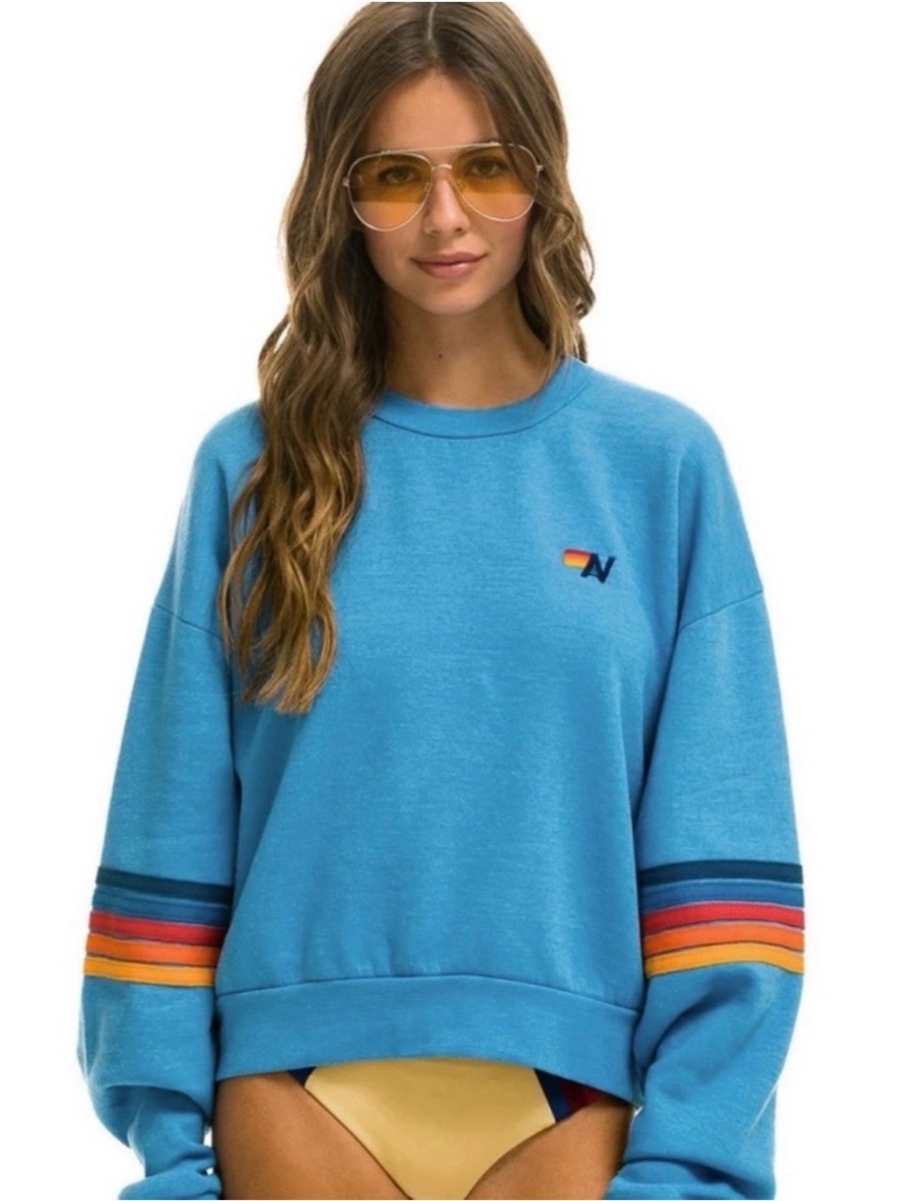 Aviator Nation Rainbow Stitch Sleeve Crew Relaxed Sweatshirt - Picture 5 of 11